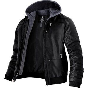 Men Black Lightweight Winter Coat Faux Leather Spring Jacket With Removable Hood